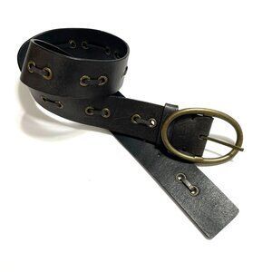 Kenneth Cole Brown Leather Belt Medium With Brass Grommets & Oval Buckle